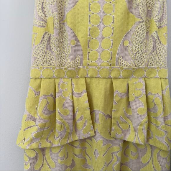 BCBGMaxAzria Sleeveless Mesh Dress Pencil Yellow & Cream Mini Zipper Zip Up Back - Picture 3 of 9